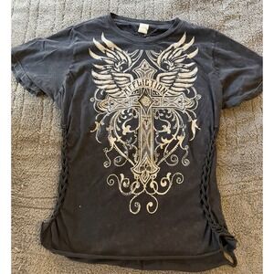 Affliction Womens Shirt Sleeve Braided Oen Back Xxlarge Rebal Cross Biker